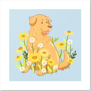 Cute golden retriever and daisy flowers Posters and Art